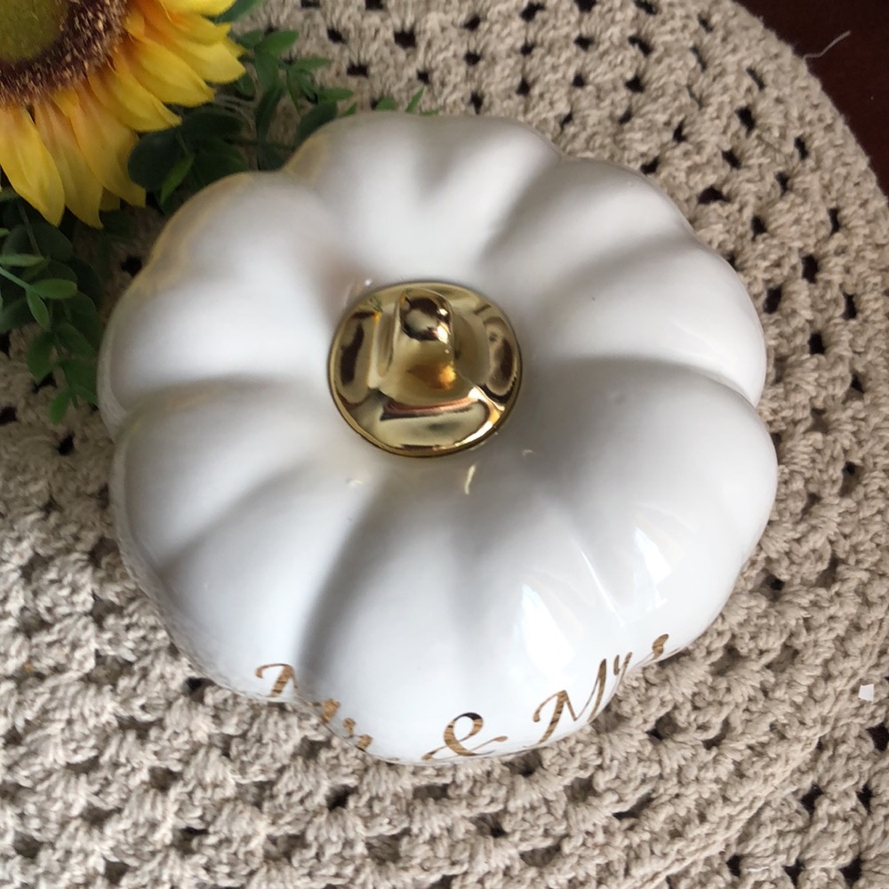 Mr. & Mrs. Est. 2026 White Ceramic Pumpkin with Gold Accent - Wedding Decor - Picture 2 of 5
